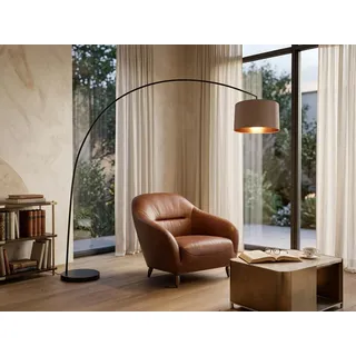 LED Bogenlampe mit Stoffschirm in Taupe, große Stehlampe mit Bogen, Höhe 210cm - Taupe
