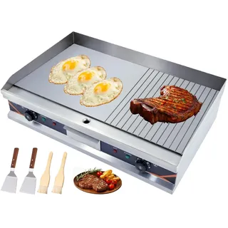 DULNICE Grillplatte elektrisch Gastro Tischgrill Elektrogrill Edelstahl Gusseisen, mit 73 x 43cm Grillfläche, 4.400 W Griddleplatte Bratplatte, mit 2xThermostat für Restaurants, Imbisse