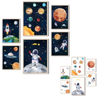 MeinBaby123® Kinderzimmer Poster Astronaut doppelseitig | 6er Set Poster Set 2x DIN A4 & 4x DIN A5 | Weltall Raketen Planeten | Kinderzimmer Deko Jungs | Wandposter Premium (Astronaut V5)