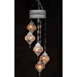 Hanglamp aus buntem Glas mit 5 Mozaik-Kugeln im orientalischen Stil, marokkanische Deckenleuchte in Cremeweiß - Bunt