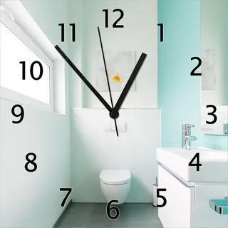 Wallario Design Wanduhr Badezimmer Gästetoilette Innenansicht - WC und Waschbecken aus Echtglas, Größe 30 x 30 cm - Türkis