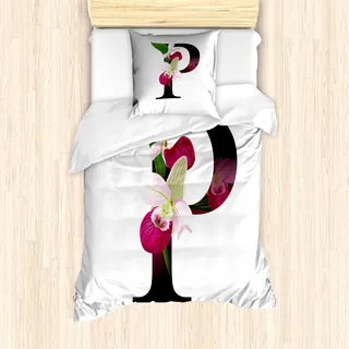 ABAKUHAUS Buchstabe P Mantele, Frauenschuh Blume, Milbensicher Allergiker geeignet mit Kissenbezügen, 135 cm x 200 cm - 80 x 80 cm, Magenta, Schwarz, Grün - Schwarz