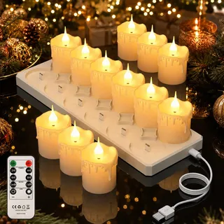 Soiarllt 12er Led Teelichter Wiederaufladbar mit Ladestation Fernbedienung | Aufladbare & Timer, 100 Std. Laufzeit, Tropfwachs-Design Flammenlose Teelicht LED Kerzen Party Halloween Weihnachten Deko