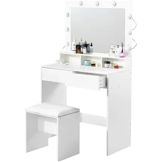 HOMYLIN Vanity Schreibtisch mit Spiegel und Lichtern, Make-up Eitelkeit und gepolsterter Hocker Set, Schminktisch mit Schubladen und Tischteiler für Schlafzimmer Ankleidezimmer Studio, weiß