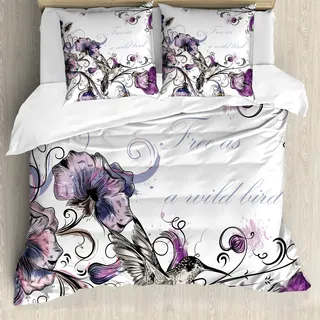 ABAKUHAUS Kolibri Bettbezug, Aufwändige Blumen-Blatt, Milbensicher Allergiker geeignet mit Kissenbezügen, 155 cm x 220 cm - 80 x 80 cm, lila Schwarz - Schwarz