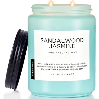 M&SENSE SandalwoodJasmin Duftkerze im Glas 550g 2 Baumwolldochte dekorative Kerze für Zuhause, Geschenk zur Entspannung 110 Stunden Brenndauer, saubere ungiftige Kerze natürliche Sojawachskerze