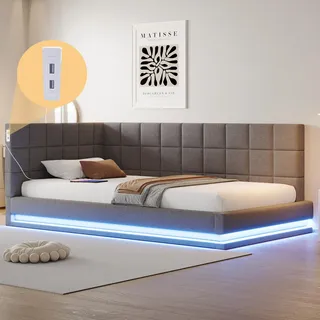 Flieks Polsterbett 90x200cm mit USB & LED, Tagesbett Schlafsofa mit Lattenrost, Einzelbett Jugendbett Gästebett Daybett Funktionsbett, Leinen, Grau - Grau