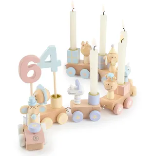 Bieco Geburtstagszug Holz - Candy Look 0-99 Jahre mit 6 Kerzen - Tischdeko Kindergeburtstag Kerzen Geburtstag Zug Geburtstagszug Mädchen Geburtstagskranz Geburtstagskerzen Zug Geburtstagsring Deko