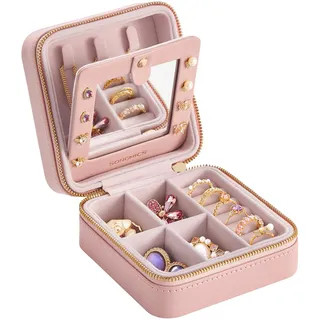 SONGMICS GISELLA Kollektion - Schmuckkästchen Reise mit Spiegel, 11,4 x 11,4 x 5,5 cm, Schmuckkasten klein, PU-Bezug, Schmuckaufbewahrung für Frauen, tragbar, Geschenkidee, pastellrosa JBC146S01