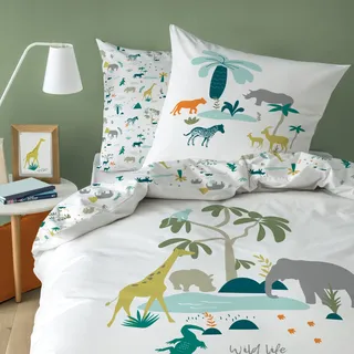 Safari Kinder Biber Bettwäsche 135x200 · Afrika Tour für Mädchen und Jungs · Zoo-Tiere & Dschungel Abenteuer · Wende-Motiv · 100% Baumwolle · Kissenbezug 80x80 + Bettbezug 135x200 cm