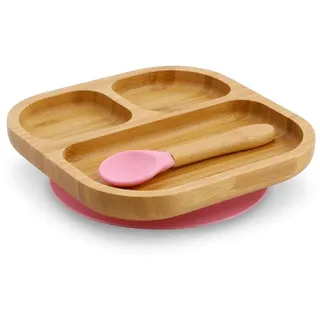BIOZOYG Quadratisches Bambus-Teller-Set I Teller mit Saugnapf mit Löffel – FSC-zertifiziert I Schalen-Set aus Holz Bambus Kinder – Kinderteller I Baby Geschirr Bambus quadratisch rosa