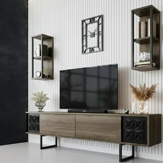 Dmora - Fernsehschrank Kaus, Ständer für Wohnzimmerfernseher, Niedriges Wohnzimmer-Sideboard, TV-Ständerbasis, 180x30h48 cm, Walnuss und Schwarz