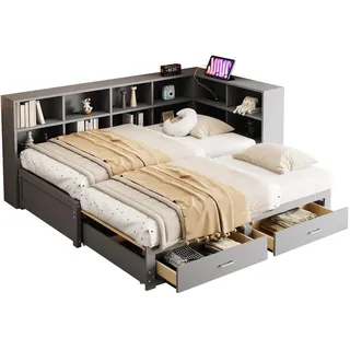 Redom Funktionsbett 90/190 cm mit Ausziehbett, Stauraum und Steckdose, Grau , Holzwerkstoff , 90x190 cm , Schlafzimmer, Betten