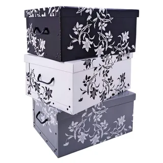 Spetebo 3er Set Aufbewahrungsbox mit Deckel je 51 x 37 cm - Blumenmuster | Stapelbox aus Pappe mit Griffen 45 Liter - Organizer Storage Box Allzweck Spielzeug Kiste Geschenk Karton stapelbar