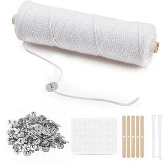 VABNEER Kerzendochte für Kerzen, 1 Rolle 100m Geflochtene Dochte mit 100 Stück Kerzendochthalter für Kerzen Flachdocht aus Baumwolle für DIY Kerzenherstellung Max 1 3/4 Zoll Durchmesser