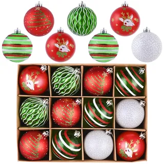 Valery Madelyn Weihnachtskugeln,12stück 8cm Christbaumkugeln Weihnachtskugel mit Geschenkpaket, Weihnachtsbaumschmuck Christbaumschmuck mit Aufhänger,deko Weihnachten,Thema Rot Grün Weiß