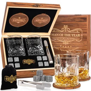 Whisiskey Whisky Gläser Set - Whiskey Geschenkset Glas - Whiskygläser | Geschenke für Männer - Männergeschenke - Geburtstagsgeschenk Mann - Geschenkbox, 2 Rum Gläser x 310ML, 8 Whiskey Steine