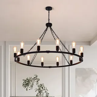 Eoodis Kronleuchter Schwarz Vintage 12-flammig Wagenrad Kronleuchter Ø100cm Rustikale Landhausstil Pendelleuchte Höhenverstellbar E27 Hängelampe für Esszimmer, Wohnzimmer, Küche