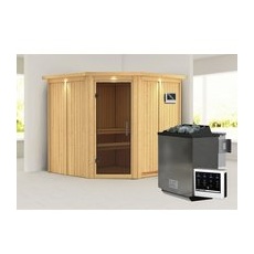 KARIBU Sauna »Vöru«, inkl. 9 kW Bio-Kombi-Saunaofen mit externer Steuerung, für 4 Personen - beige