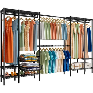 FTEYUET Schwerlast Kleiderständer Kleiderstange, Metall Kleiderschrank, Garderobenständer Erweiterbare Offener Kleiderschrank Kleiderbügel mit 2 Schiebe Korbs, (249-297) x 40 x 192 cm (Schwarz)
