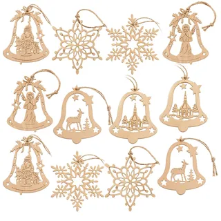 com-four® 12x Tannenbaumschmuck Holz-Anhänger Set - Weihnachtsbaumschmuck zum Dekorieren - Christbaumschmuck in Glockenform und im Schneeflocken-Design