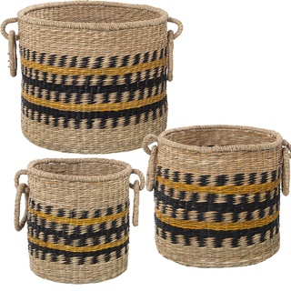 DRW Set mit 3 Körben aus Seegras in Natur, Schwarz und Gelb, 38 x 31, 33 x 29 und 27 x 26 cm