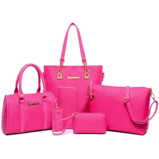 FiveloveTwo Damen Nylon 6-teiliges Schultertaschen Set Shopper Umhängetasche Geldbeutel Tote Taschen Henkeltaschen Clutches Geldbörsen Schlüsselhalter Shoulder Bag Rose