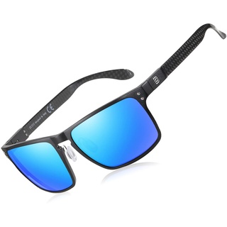 DUCO Herren Polarisierte Sonnenbrille mit Rechteckig Metallrahmen und Kohlefaser Brille Beine UV400 DC8208 (Schwarz Rahmen Revo Blue Linses)