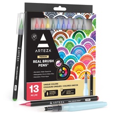 ARTEZA Pinselstift-Set | 12 Hochwertige Brush Pen Fasermaler | Aquarell-Pinselstifte auf Wasserbasis | Set mit 12 Verschiedenen Farben | Ideal zum Malen und Zeichnen