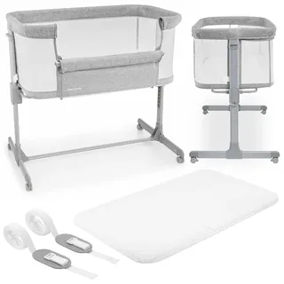 Moby-System Babybett & Kinderreisebett mit Matratze - Luna 3in1 - Höhenverstellbares Baby Reisebett, Beistellbett bis 9 kg, Abnehmbare Seitenwand, 4 Transporträder, Grau