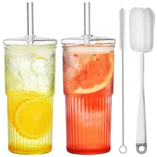ALINK 570ML Bubble Tea Glasbecher mit Deckel und Strohhalm,2 Pack High Borosilicate Glas Tumbler für Eiskaffee Saft Smoothie Wasser Tee, Geschenk 2 clean Pinsel