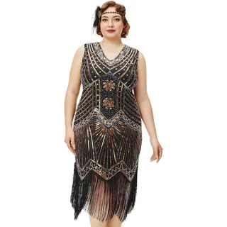 BABEYOND Damen Flapper-Kleid, Übergröße, 1920er-Jahre, V-Ausschnitt, Perlen, Fransen, Great Gatsby Kleid, Gold, XXXXL
