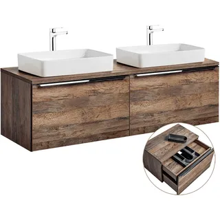 Doppelwaschtisch-Unterschrank 160cm mit 2 Keramikbecken PUEBLA-56 in Vintage Oak, B/H/T ca.: 160,4/59,5/46 cm - Braun