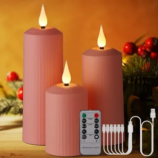 Poraschine Wiederaufladbare LED Kerzen mit 10-Tasten Fernbedienung, Outdoor Wasserdichte Flammenlose Kerzen mit 6/8H Timer, Römische Stumpenkerze im 3/6er Set Elfenbein, Type-C (rosa-3er)