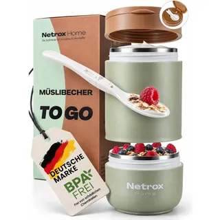 Netrox Müslibecher To Go mit Löffel, Joghurtbecher aus Edelstahl | Auslaufsicherer Lunchbox-Becher, To Go Becher für Müsli, Joghurt, Porridge, Suppen, Müsli To Go Becher für Kinder