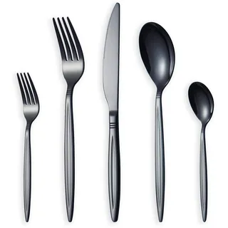 HOMQUEN 30-Teiliges Schwarzes Besteckset, Edelstahl Besteck Set, Titan Schwarz Besteckset, Service Set für 6 (Glänzend Schwarz)