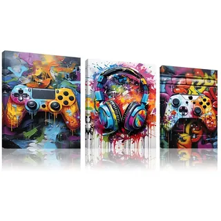 AOSEE 3 Stück Gaming Poster mit Rahmen,Gaming Bilder,Wandbilder Set Wohnzimmer,Wandbilder für Jungen Teenager Schlafzimmer Spielzimmer Kinderzimmer Geschenk Dekor 30×40cm (Graffiti)