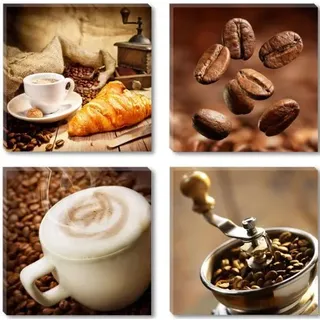 Visario Leinwandbild Kaffee Motiv 60x60 cm 4-teilig je 30x30 cm 6603 Cappuccino Kaffeebohnen Croissant Kaffeemühle Braun Beige Wandbild Küche Esszimmer Café Deko Wanddekoration Fertig auf Holzrahmen