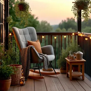 MEUBLE Cosy Schaukelstuhl Garten, Relaxsessel für überdachte Terrasse und Balkon, Skandinavisches Design mit Holz und Metallfüßen, Stoff Nicht wasserdicht