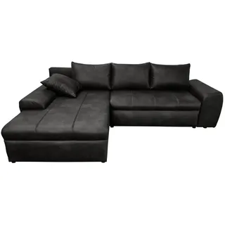 luma-home Ecksofa mit Schlaffunktion, Bettkasten, Wellenunterfederung, Ottomane links B266/T186/H90 cm, Mikrofaser Leder-Optik Vintage Schwarz / 18016 , Textil , Füllung: Polyurethan (Pur) , Ottomane links, L-Form, Eckteil, einzeln stellbar,L-Form , 266x186 cm , Wohnzimmer, Sofas & Couches, Wohnlandschaften, Ecksofas