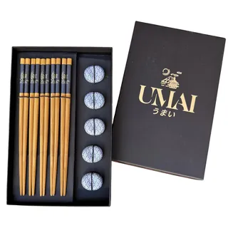 UMAI Japanisches Essstäbchen-Set, 5 Paar wiederverwendbare Essstäbchen + 5 Keramikständer, perfekt für chinesisches Essen und Sushi, elegante Box, ideal als Geschenk