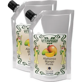 VITAVEGGY INDISCHE-MANGO-FRUCHT Früchte-Püree 2x 1kg ohne Aroma- Farb- & Konservierungsmittel von Food-United geeignet für Babybrei-Obstbrei Maracuja-Mango-Saft-Smoothie-Sorbet-Schorle-Cocktail-Quark GVO-Frei Glutenfrei & 100% natürlich