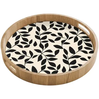 OnlyWow Tablett Elegant - Gemustert - Schwarz - Beige 40x40 cm , Holz , Echtholz,Eiche , Rund , 40x5x5 cm , Geschirr, Tischkultur & Serviergeschirr, Tabletts