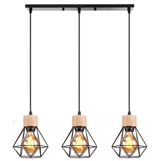 TOKIUS Pendelleuchte Vintage Industrial 16CM Hängelampe mit Geometrischem Design E27 Lampe aus Holz Eisen Käfig Lampenschirm Schwarz Hängeleuchte für Esstisch Küche (Pendellampe 3-flammig, Balken)