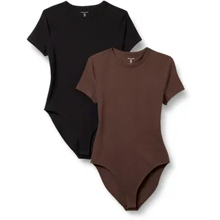 Amazon Essentials Damen T-Shirt-Body aus elastischem Baumwolljersey mit schmaler Passform, 2er-Pack, Braun/Schwarz, L