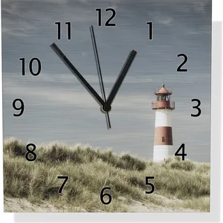 Wallario Design Wanduhr Leuchtturm auf der Düne am Strand aus Aluverbund, Größe 30 x 30 cm - Gelb