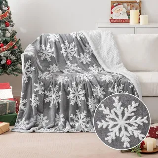 MIULEE Kuscheldecke Weihnachts Sherpa Decke Warme Lammdecke Wohndecke Davidshirsch Weihnachtsbaum Schneeflocken Muster Sofadecke Dicke Tagesdecke Couchdecke Überwürfe für Sofa Bett 125x150 cm Grau-C