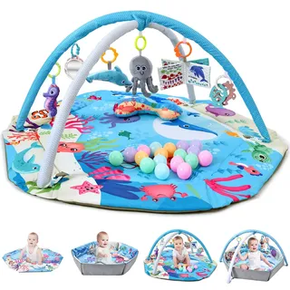 TFDER 8-in-1 Baby Spieldecke mit Spielbogen, Multifunktionsspielbogen für Neugeborene mit Bällebad,18 Bällen und mit 7 abnehmbaren sensorischen Spielzeugen, Krabbeldecken für Babys ab 0+ Monaten(Blau)