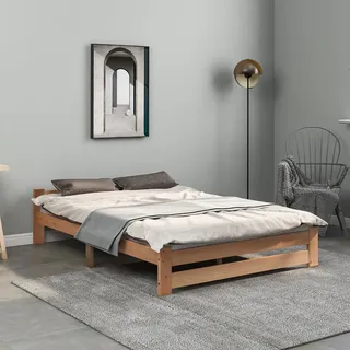 MODFU Klassische Betten 140 x 200 cm Doppelbett Holzbett Jugendbet(Ohne Matratze),Natur - Naturbelassen