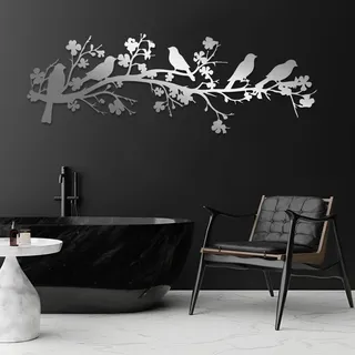 Metall-Wandkunst Vögel auf AST Wanddeko Vögel Vogel auf Blumenzweig Natur-Wanddeko Blumen-Wanddekoration Bauernhaus Schlafzimmer Wandbehang (Silber 30"x10"/76x26cm)